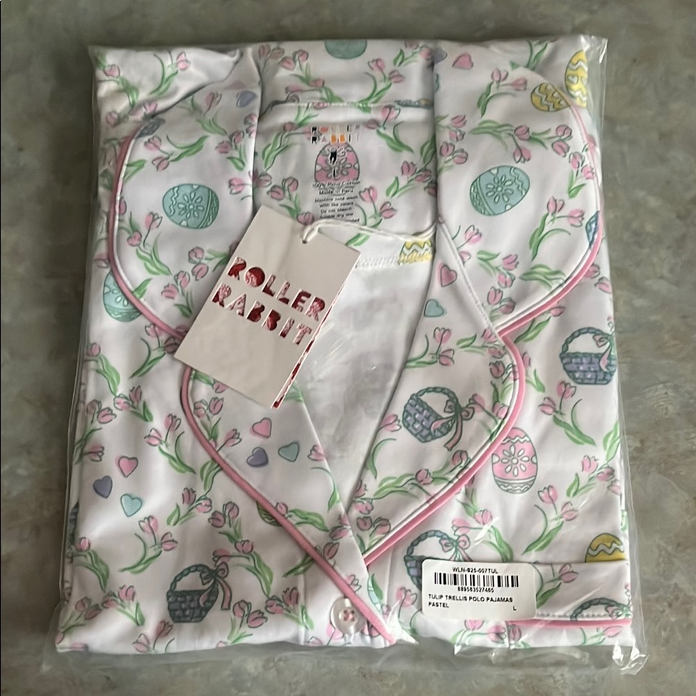 Roller Rabbit Adult Pajamas - White with Pink and Green Accents